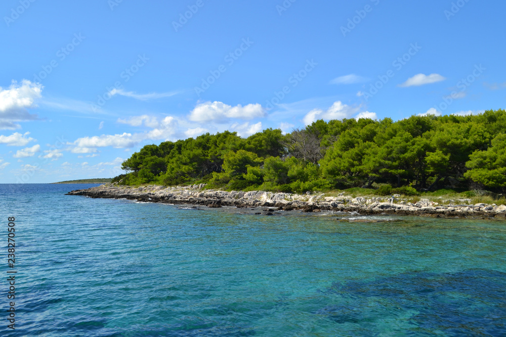 A green rocky island in the azure sea. Blue sky. Croatia.