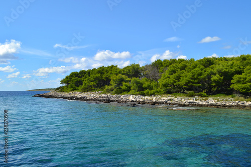 A green rocky island in the azure sea. Blue sky. Croatia.