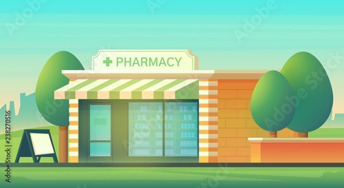 The facade of the pharmacy shop. Magazine for sale of medicines prescription drugs. Vector flat style illustration.