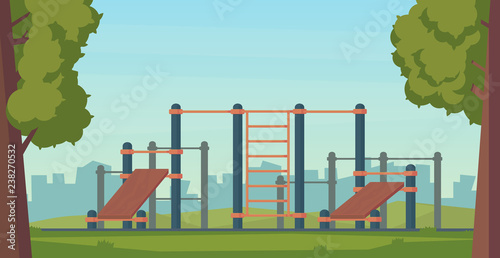 Summer street workout park for fitness and strength training. City sport place. Element and equipment for urban outdoor training. Flat style illustration