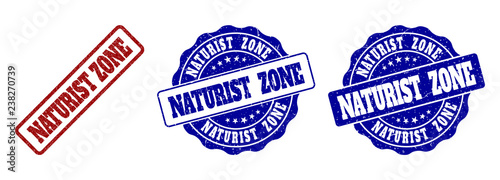 NATURIST ZONE grunge stamp seals in red and blue colors. Vector NATURIST ZONE labels with draft texture. Graphic elements are rounded rectangles, rosettes, circles and text labels.