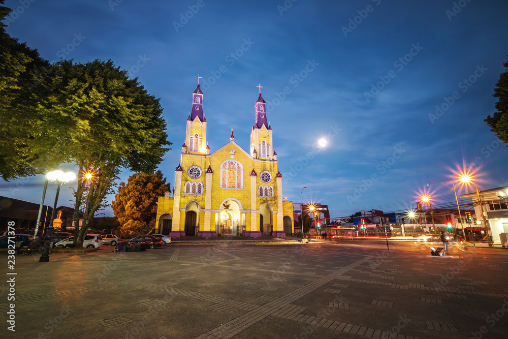 Church of San Francisco and Plaza de Armas Square at night - Castro, Chiloe Island, Chile
