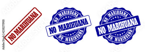 NO MARIHUANA grunge stamp seals in red and blue colors. Vector NO MARIHUANA labels with scratced surface. Graphic elements are rounded rectangles, rosettes, circles and text labels.