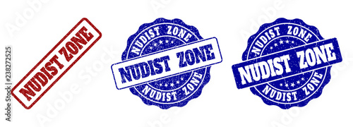 NUDIST ZONE grunge stamp seals in red and blue colors. Vector NUDIST ZONE watermarks with grunge texture. Graphic elements are rounded rectangles, rosettes, circles and text tags. photo