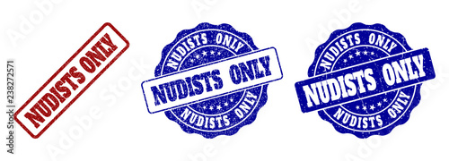 NUDISTS ONLY grunge stamp seals in red and blue colors. Vector NUDISTS ONLY labels with distress texture. Graphic elements are rounded rectangles, rosettes, circles and text labels.
