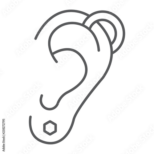 Ear piercing thin line icon, jewelry and accessory, pierced ear sign, vector graphics, a linear pattern on a white background.