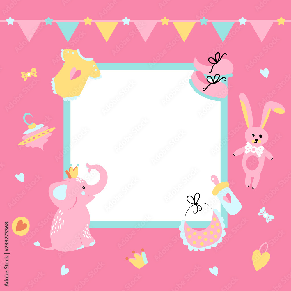 Vector Illustration. Template background with frame for a photo. Poster for kid's birthday, baby shower. Garlands and cute accessories for a girl. Vector Illustration. Template background with frame for a photo. Poster for kid's birthday, baby shower. Garlands and cute accessories for a girl.