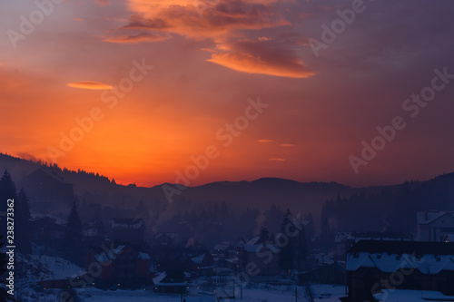 Fantastic morning mountain landscape. Overcast colorful sky. Carpathian  Ukraine  Europe. Beauty world.