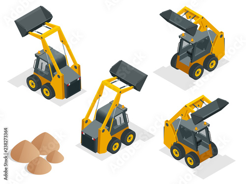 Isometric Compact Excavators. Orange wheel Steer Loader isolated on a white background