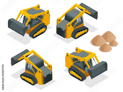 Isometric tracked Compact Excavators. Orange Steer Loader isolated on a white background