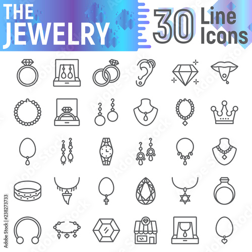 Jewelry line icon set, accessory symbols collection, vector sketches, logo illustrations, jewel signs linear pictograms package isolated on white background.