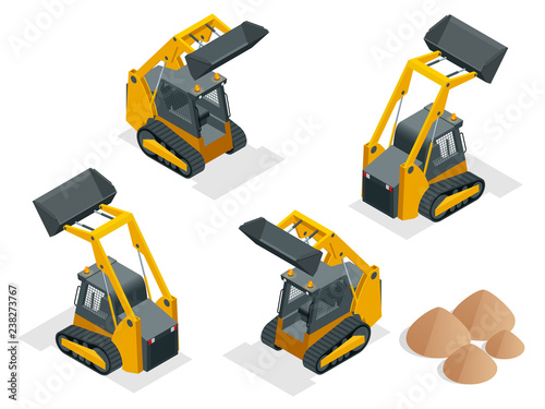 Isometric tracked Compact Excavators. Orange Steer Loader isolated on a white background