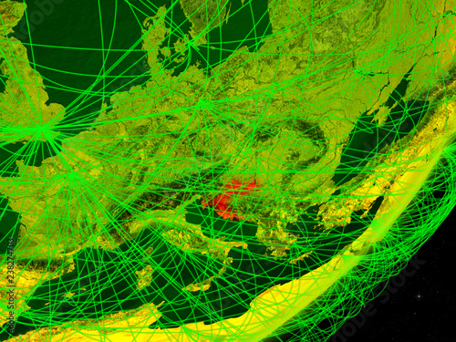 Croatia on green model of planet Earth with network at night. Concept of digital technology, communication and travel.