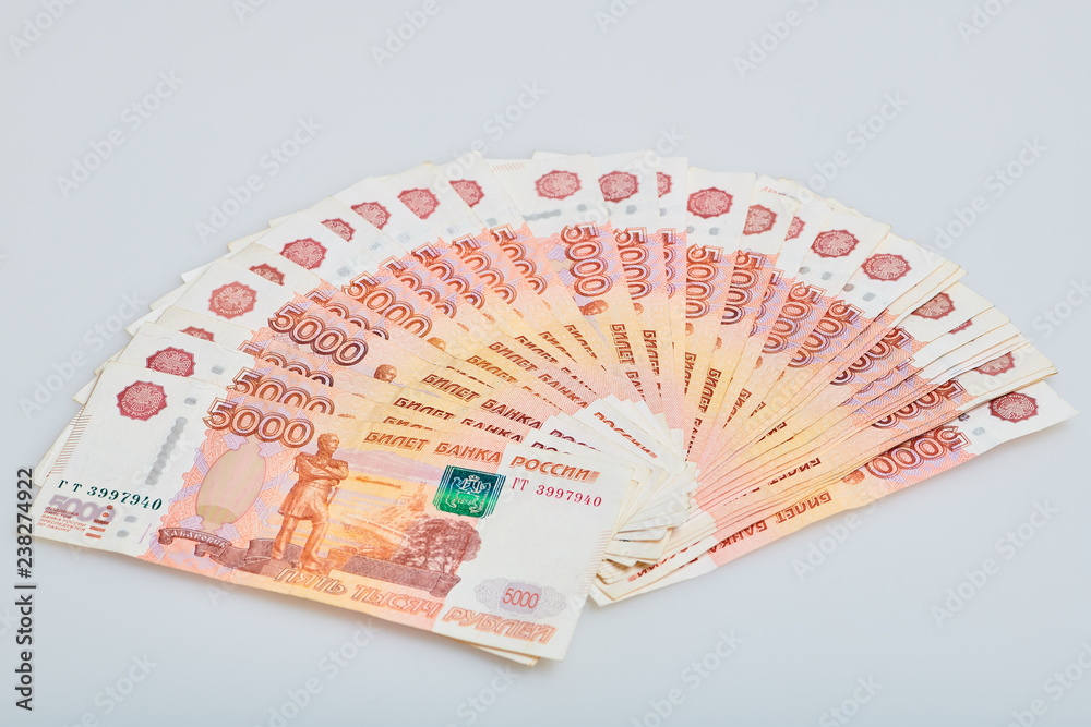 A fan of russian five thousands roubles money banknotes A fan of russian five thousands roubles money banknotes
