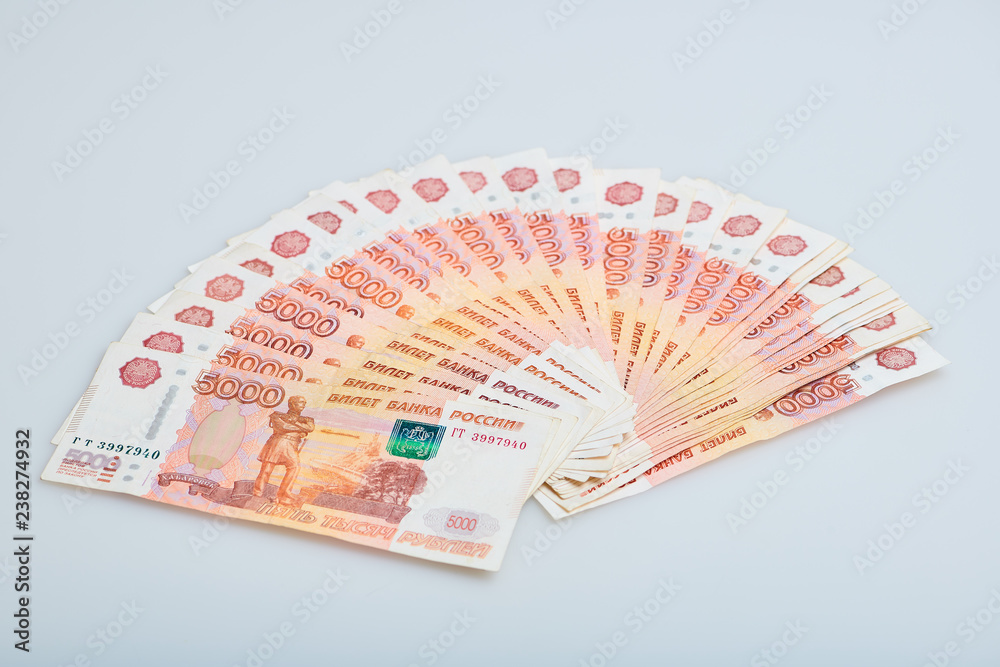 A fan of russian five thousands roubles money banknotes