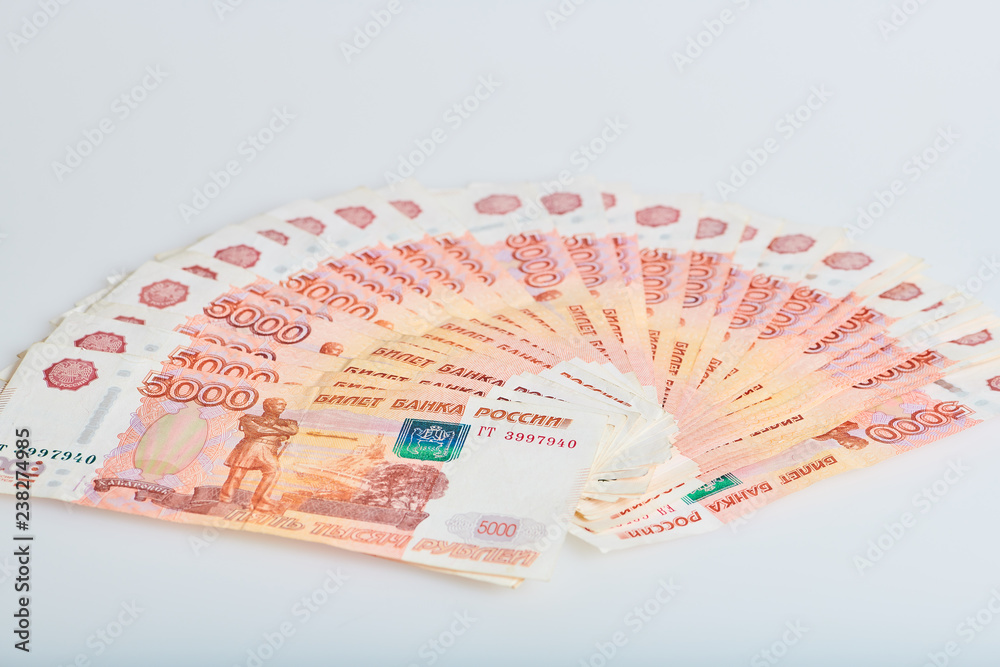 A fan of russian five thousands roubles money banknotes A fan of russian five thousands roubles money banknotes
