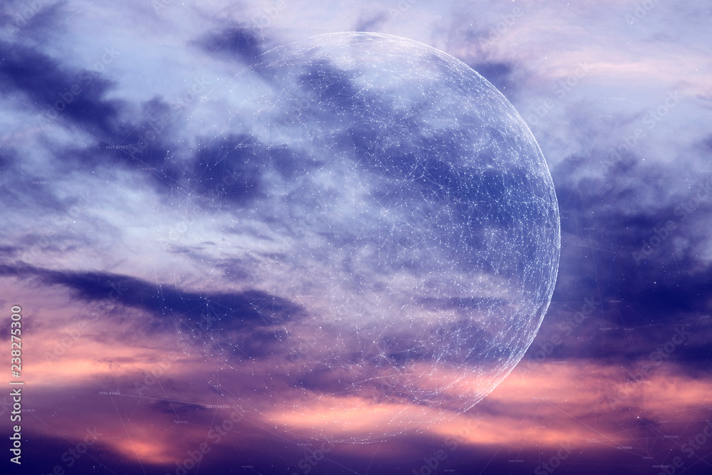 Cyberspace sphere with lines and dots on colorful sky cloudscape background.