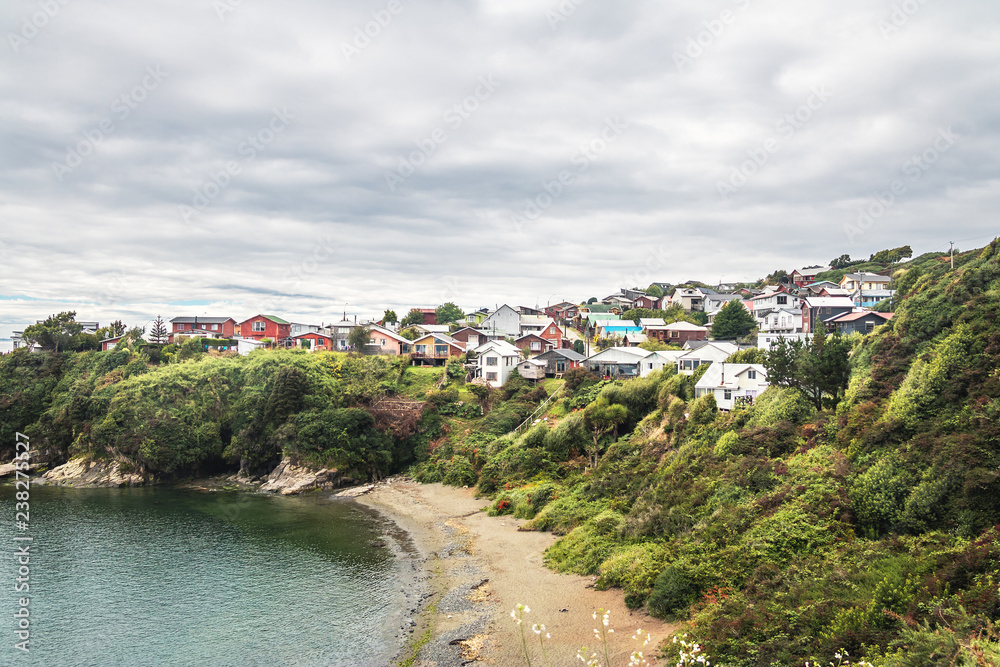 High view of beach and Ancud city - Ancud, Chiloe Island, Chile