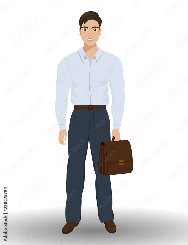 Confident man standing with briefcase on white background, full length picture. Vector illustration. Confident man standing with briefcase on white background, full length picture. Vector illustration.