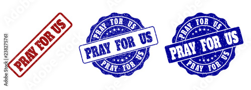 PRAY FOR US grunge stamp seals in red and blue colors. Vector PRAY FOR US marks with grunge surface. Graphic elements are rounded rectangles, rosettes, circles and text tags.