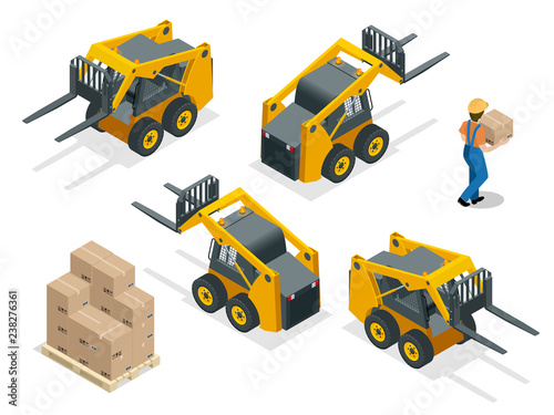 Isometric vector forklift truck isolated on white. Storage equipment icon set. Forklifts in various combinations, storage racks, pallets with goods for infographics.