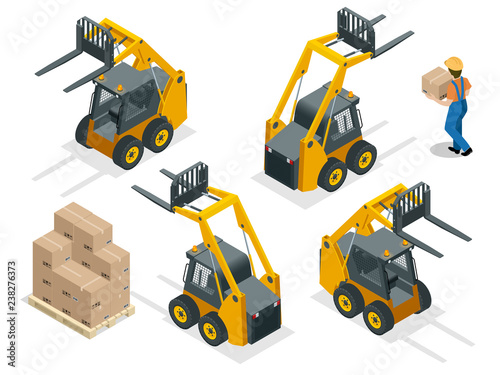 Isometric vector forklift truck isolated on white. Storage equipment icon set. Forklifts in various combinations, storage racks, pallets with goods for infographics.