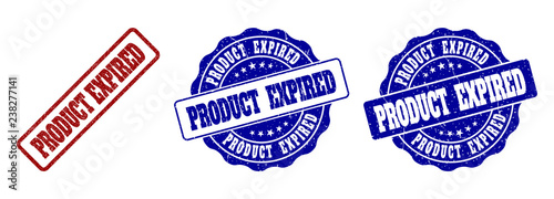 PRODUCT EXPIRED grunge stamp seals in red and blue colors. Vector PRODUCT EXPIRED marks with grunge effect. Graphic elements are rounded rectangles, rosettes, circles and text captions.