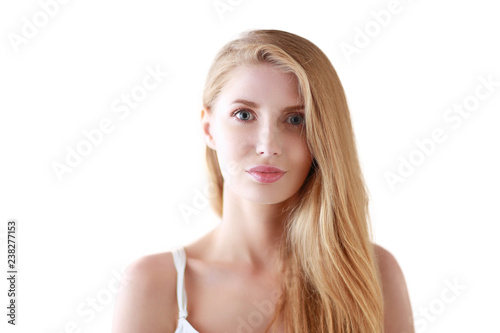 Portrait of beautiful woman isolated on gray background