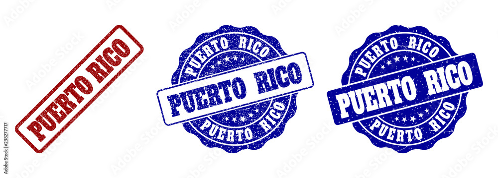 PUERTO RICO grunge stamp seals in red and blue colors. Vector PUERTO RICO marks with grunge texture. Graphic elements are rounded rectangles, rosettes, circles and text tags. PUERTO RICO grunge stamp seals in red and blue colors. Vector PUERTO RICO marks with grunge texture. Graphic elements are rounded rectangles, rosettes, circles and text tags.