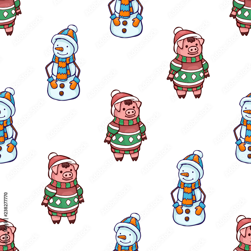 Fototapeta premium Vector seamless pattern with snowman and New year pig 2019