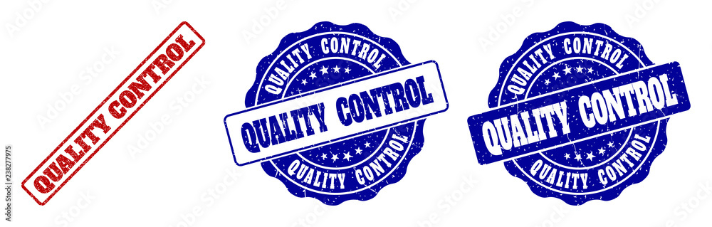 Fototapeta premium QUALITY CONTROL grunge stamp seals in red and blue colors. Vector QUALITY CONTROL signs with grunge effect. Graphic elements are rounded rectangles, rosettes, circles and text titles.