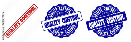 QUALITY CONTROL grunge stamp seals in red and blue colors. Vector QUALITY CONTROL signs with grunge effect. Graphic elements are rounded rectangles, rosettes, circles and text titles.