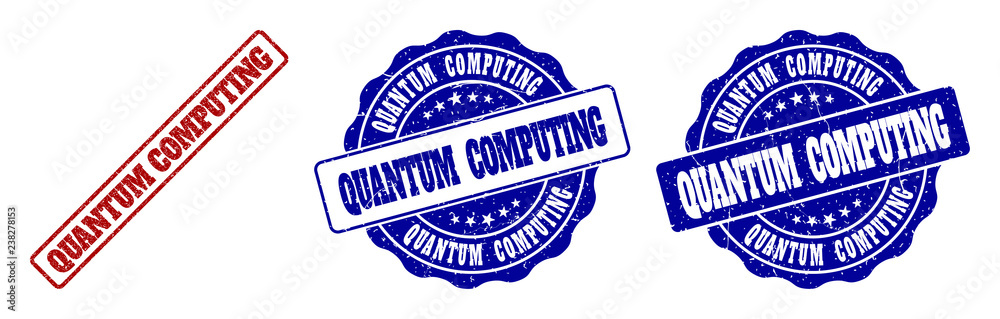 Obraz premium QUANTUM COMPUTING scratched stamp seals in red and blue colors. Vector QUANTUM COMPUTING signs with draft texture. Graphic elements are rounded rectangles, rosettes, circles and text labels.