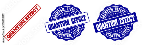 QUANTUM EFFECT scratched stamp seals in red and blue colors. Vector QUANTUM EFFECT imprints with grunge effect. Graphic elements are rounded rectangles, rosettes, circles and text labels.