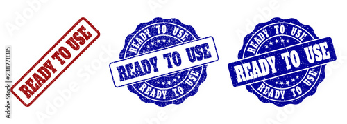 READY TO USE grunge stamp seals in red and blue colors. Vector READY TO USE labels with grunge surface. Graphic elements are rounded rectangles, rosettes, circles and text labels.
