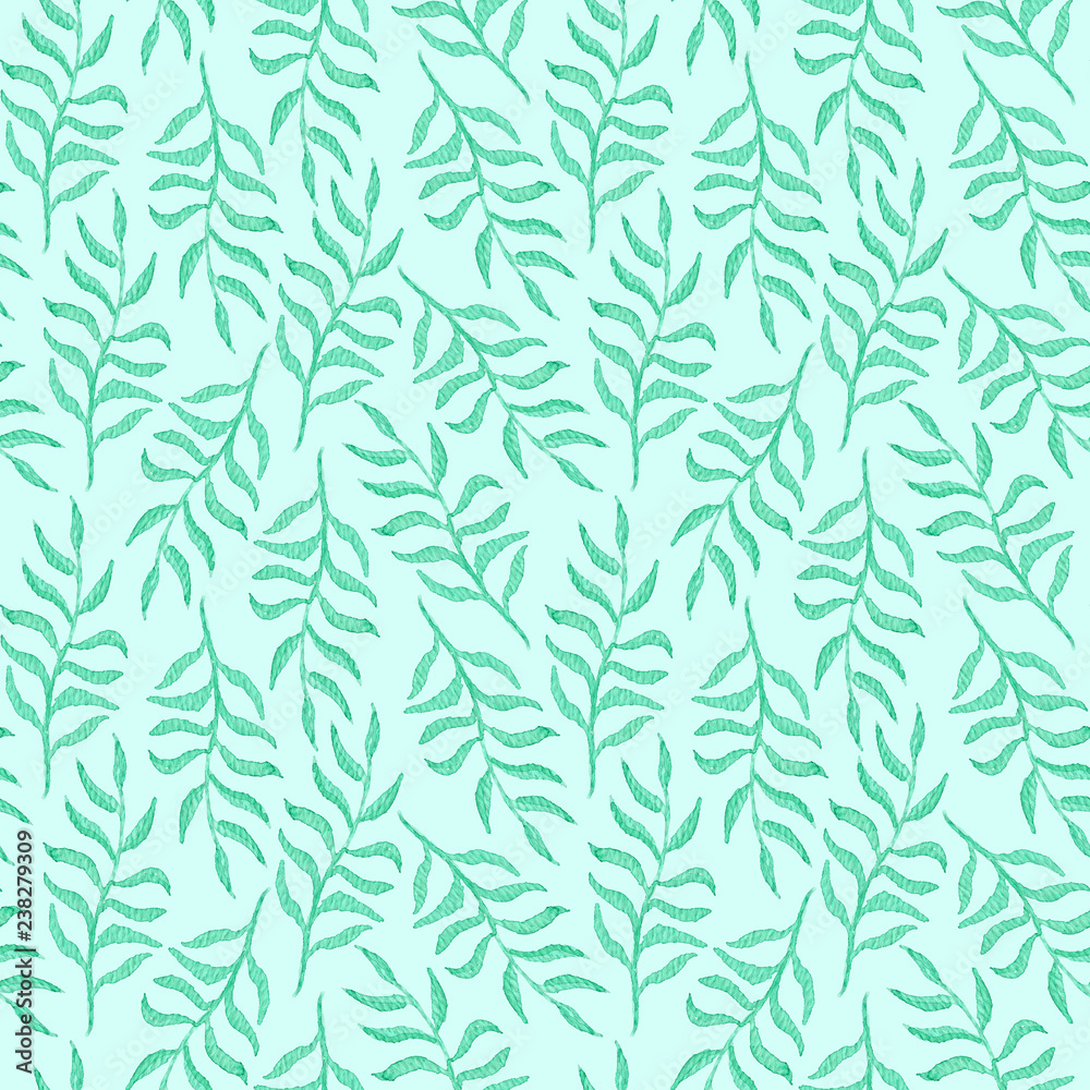 Tender watercolor seamless pattern with light green leaves and branches on blue background. Blue botanical texture for textile, wrapping paper, print design, surface