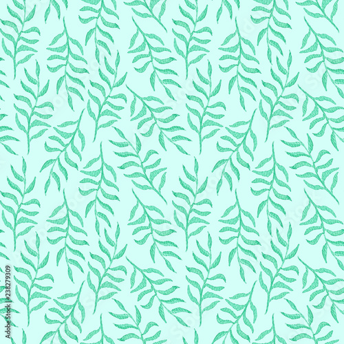 Tender watercolor seamless pattern with light green leaves and branches on blue background. Blue botanical texture for textile, wrapping paper, print design, surface