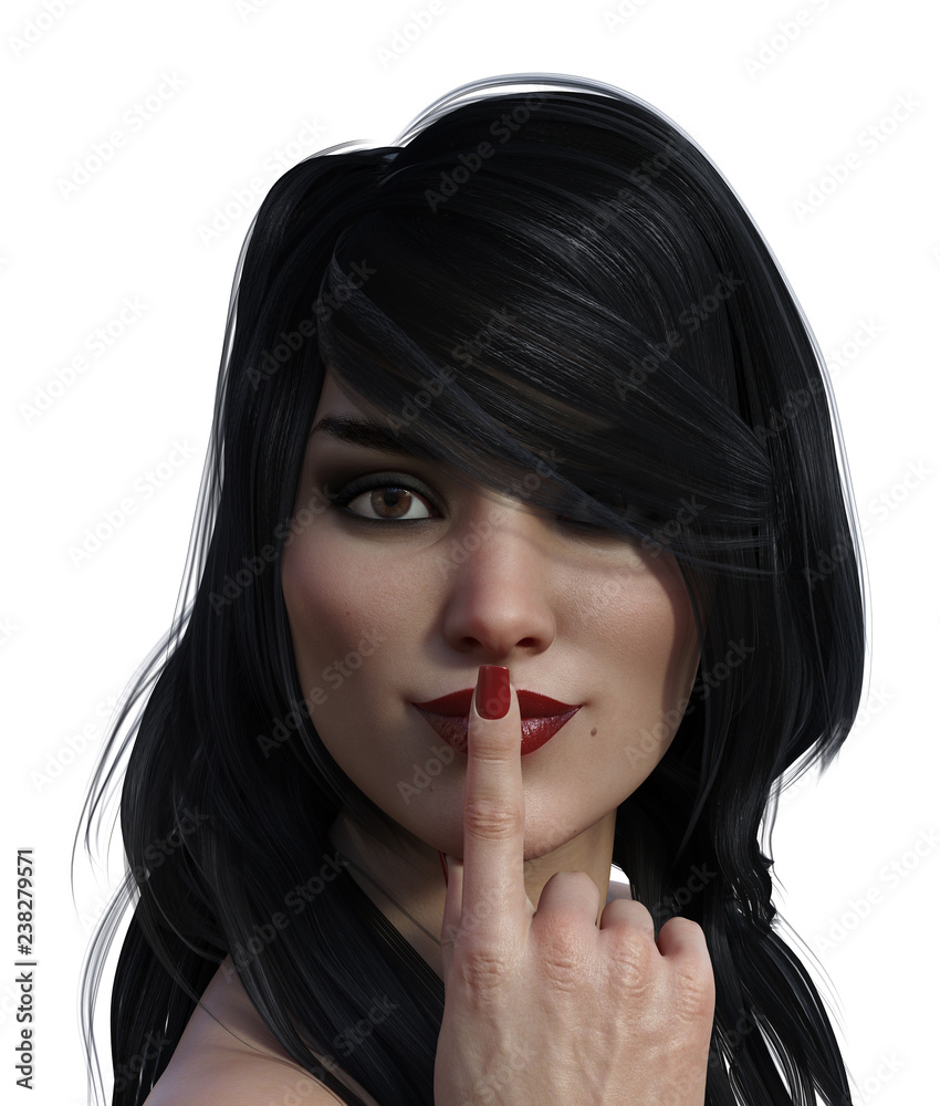 Naklejka premium 3d illustration of a pretty woman with dark eye shadow and bright red lipstick and brunette hair with a finger to her lips on a white background.