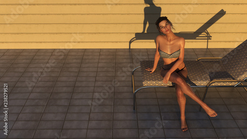 3d illustration of a woman looking up sitting on a lounge chair on a tiled deck as the sun goes down in the late afternoon as the sun goes down.