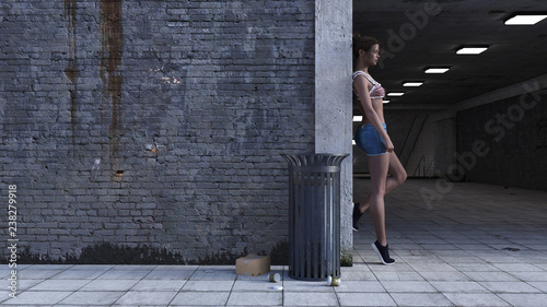 3d illustration of a woman in shorts and a halter top leaning against a wall.