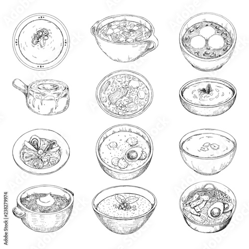 Set of different soups. Vector illustration in sketch style