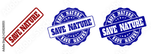 SAVE NATURE grunge stamp seals in red and blue colors. Vector SAVE NATURE labels with distress effect. Graphic elements are rounded rectangles, rosettes, circles and text labels.