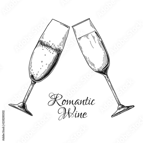 Two glasses of champagne. Text Romantic wine. Vector illustration.
