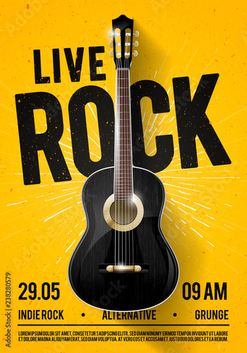 Vector Illustration Beautiful Live Classic Rock Music Poster template. For Concert Promotion in Clubs, Bars, Pubs and Public Places. Music Themed Wall Art with Cool Lettering and Classical Guitar