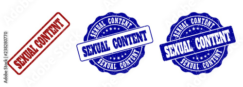 SEXUAL CONTENT scratched stamp seals in red and blue colors. Vector SEXUAL CONTENT labels with grainy texture. Graphic elements are rounded rectangles, rosettes, circles and text labels.