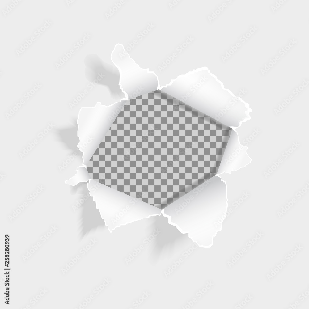 Realistic ripped hole in the sheet of paper. Torn paper on white ...