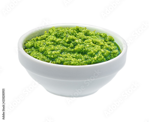 Italian sauce pesto, Pesto sauce in ceramic bowl isolated on white background