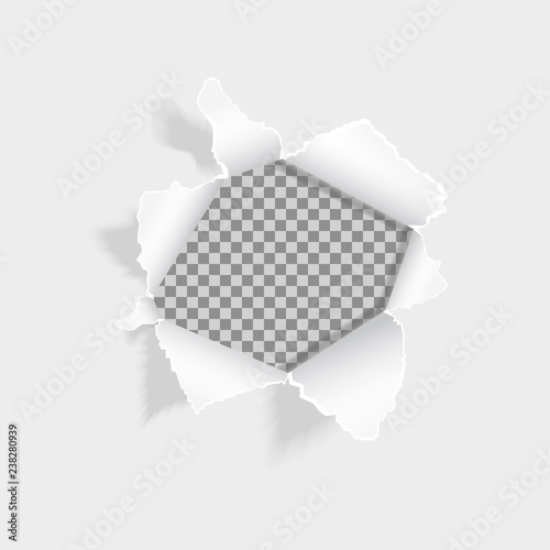 Realistic ripped hole in the sheet of paper. Torn paper on white background. Paper with ripped edges and space for text. Design for web, print, banner, advertising, presentation. Vector illustration