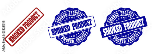 SMOKED PRODUCT grunge stamp seals in red and blue colors. Vector SMOKED PRODUCT watermarks with distress texture. Graphic elements are rounded rectangles, rosettes, circles and text labels.