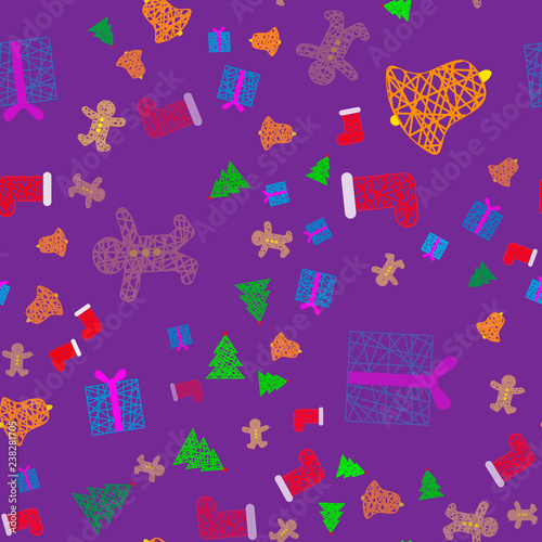 New Year Christmas winter holidays color seamless pattern with gifts, gingerbread, christmas tree and toys